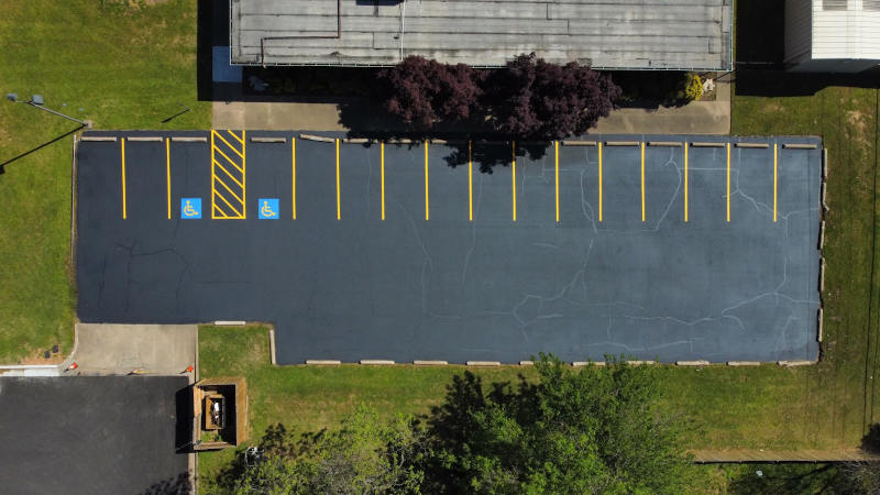 areal view of parking lot with new stripes